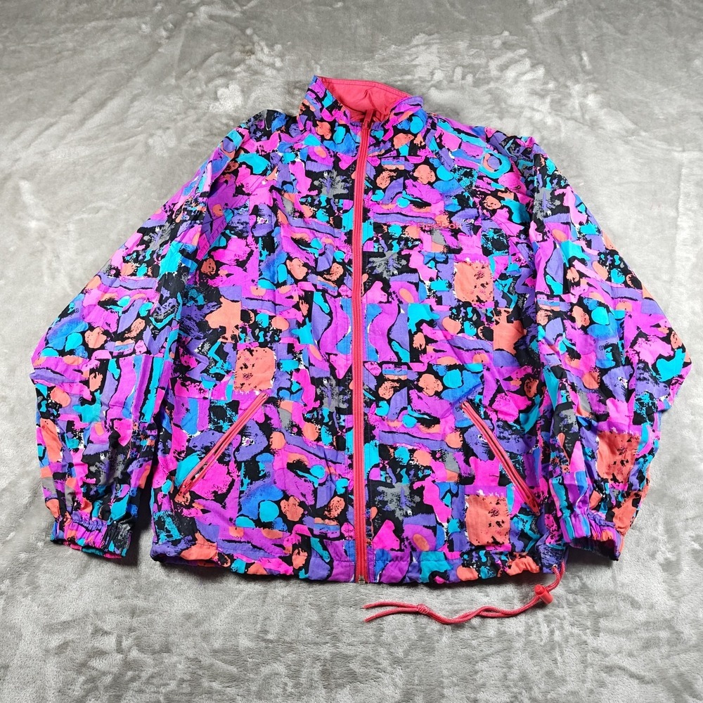 Vintage Reebok Windbreaker Womens‎ Small Pink Neon Colorful 80s Full Zip Track
